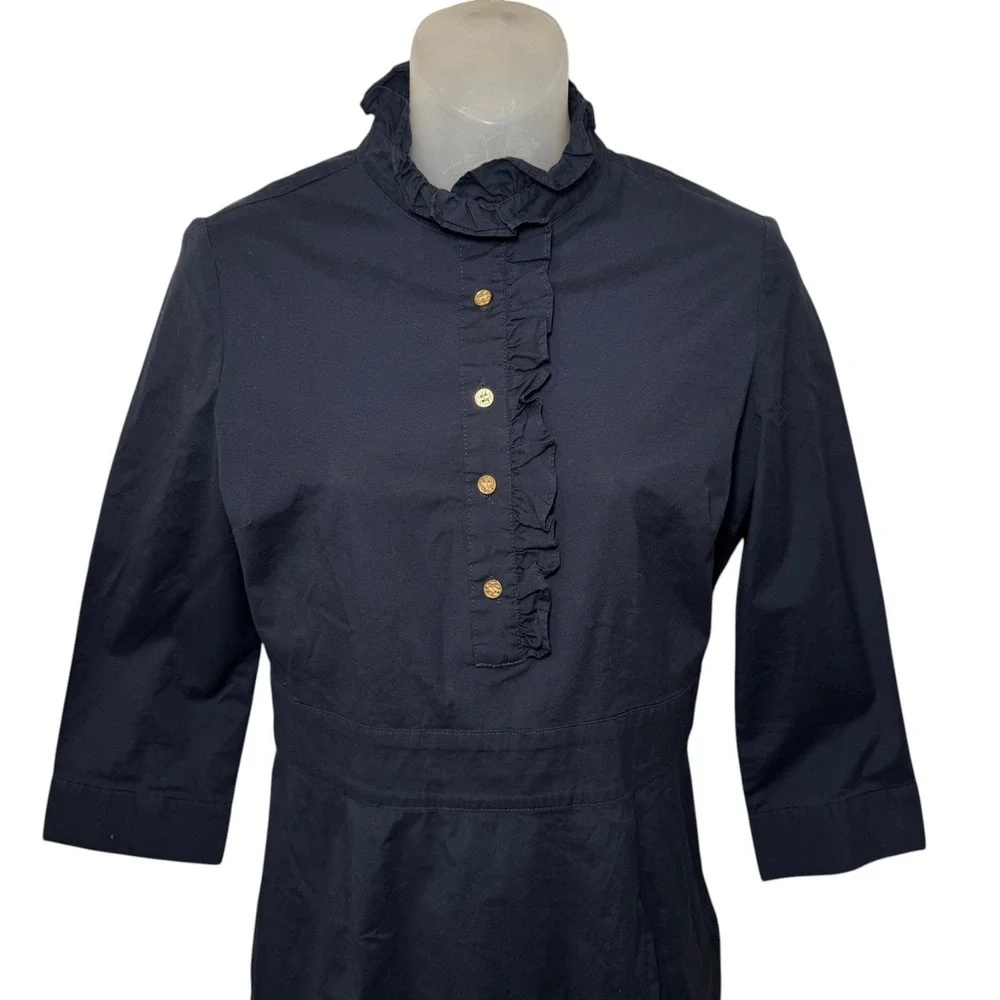 Tory Burch Navy Ruffle Shirt Dress Gold Buttons 3/4 Sleeve‎ Sz 4